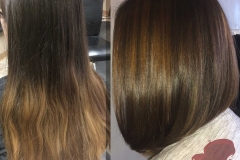 Before and after - Hair transformation from long hair to short hair. Balayage highlights and haircut