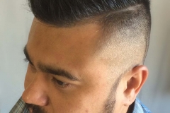 Men's haircut, polished fade, with a hard part